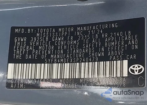 2025 Toyota Corolla Le from USA, damaged, VIN 5YFB4MDEXSP240479